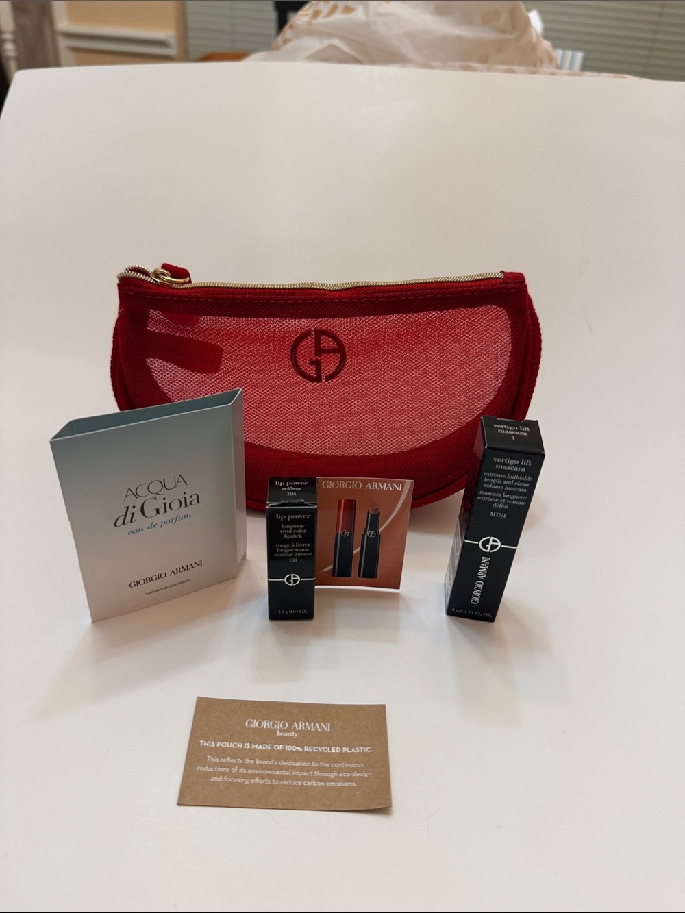Giorgio Armani Red Mesh Cosmetic Pouch with Logo and Gift Samples